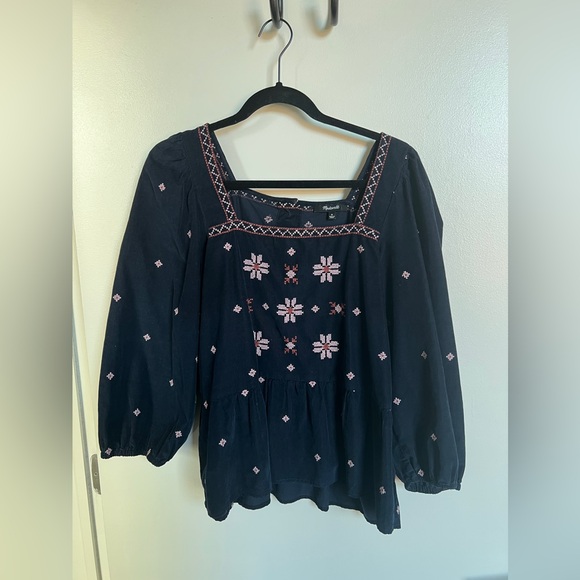 Madewell Tops - Madewell Embroidered Corduroy Button Back Peplum Top